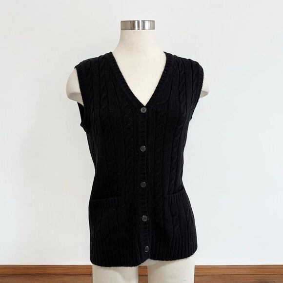 Evian Black Sweater Vest Button Down Medium Sleeveless Cardigan - Picture 1 of 5
